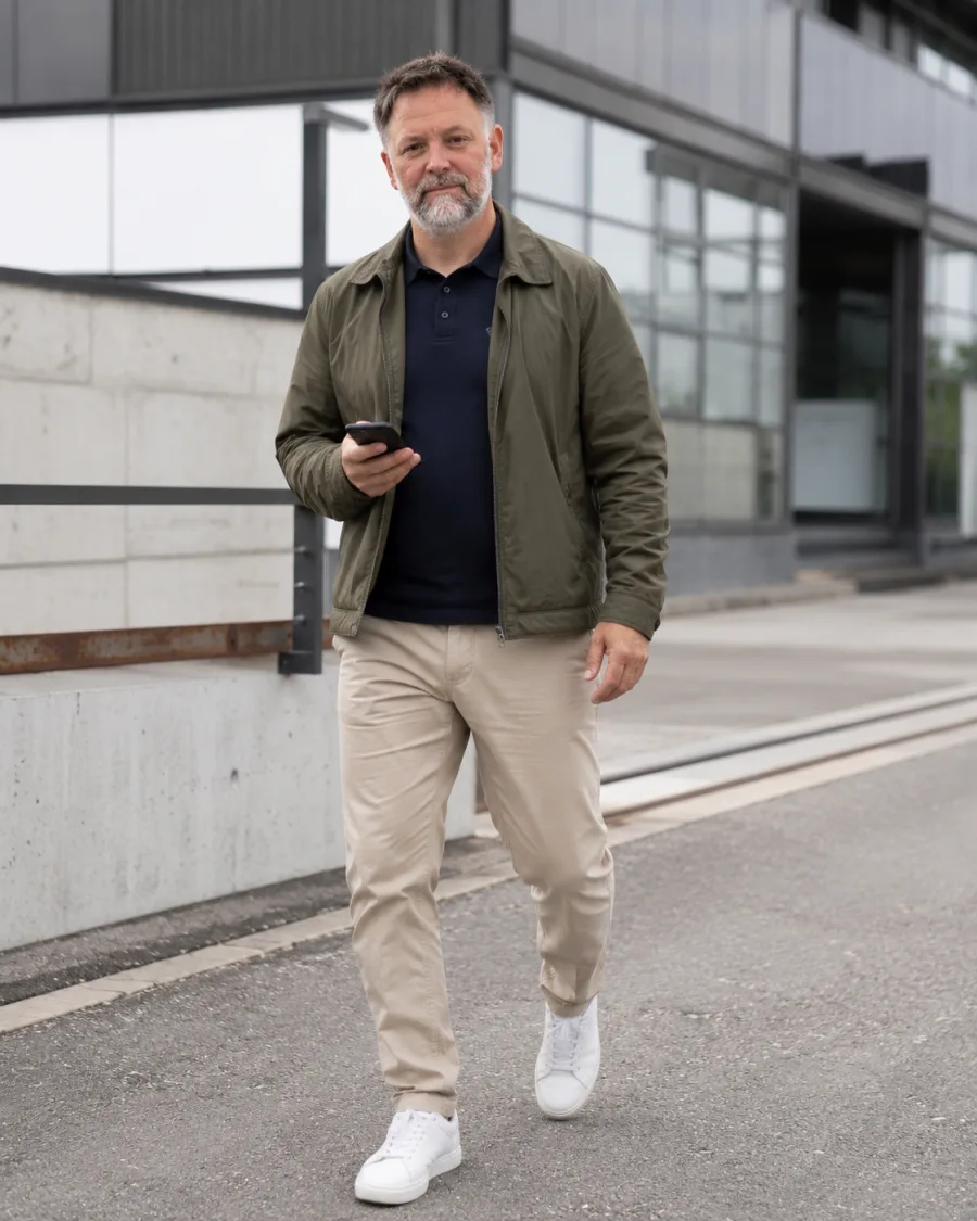 Lars walking outside an industrial building with a phone in his hand