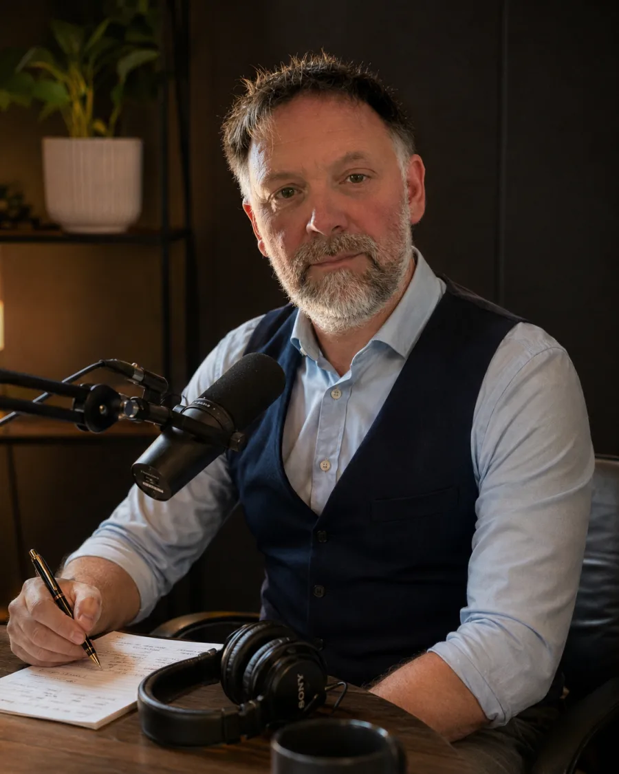 Lars seated at a desk with a microphone and handwritten notes